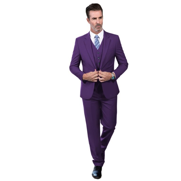 Ceehuteey Men’s 3 Pieces Regular Fit Notch Lapel Business Suit – Dark Purple / 42R