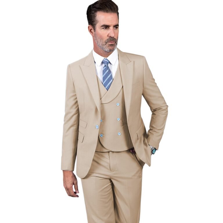 Ceehuteey Men’s 3 Pieces Slim Peak Lapel Regular Fit suit (Blazer+vest+Pants) – Beige /