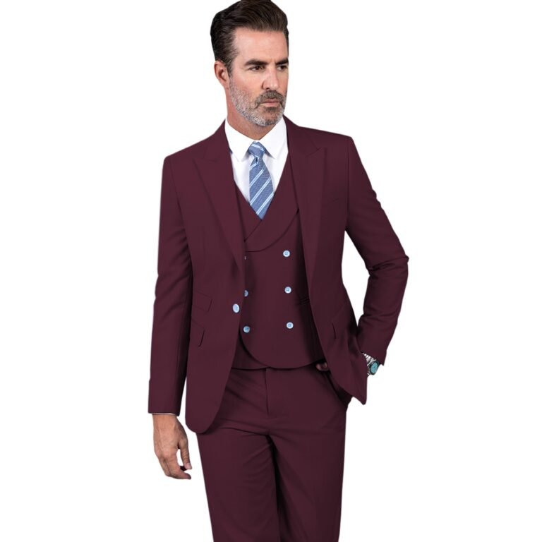 Ceehuteey Men’s 3 Pieces Slim Peak Lapel Regular Fit suit (Blazer+vest+Pants) – Burgundy