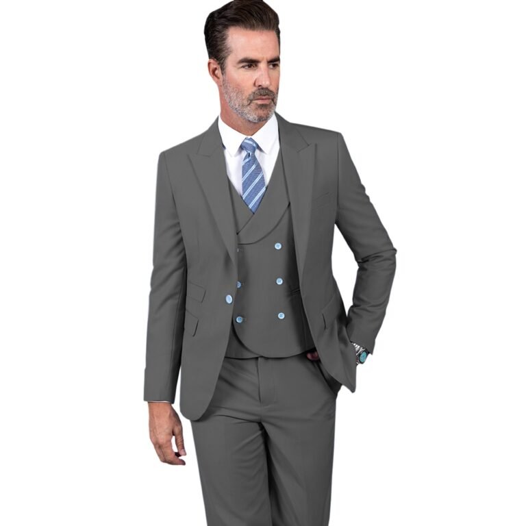Ceehuteey Men’s 3 Pieces Slim Peak Lapel Regular Fit suit (Blazer+vest+Pants) – Grey / 42R