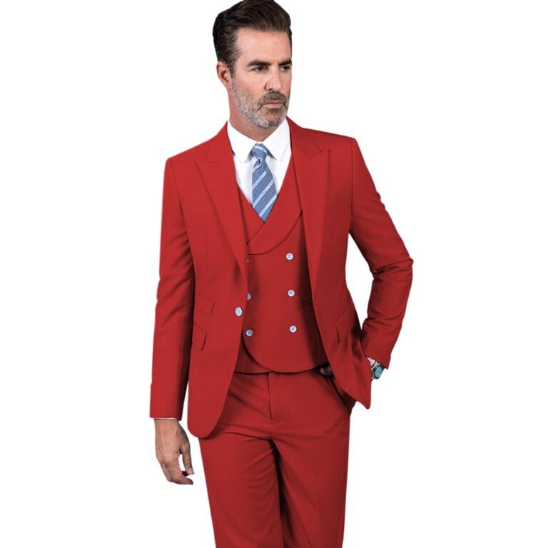 Ceehuteey Men’s 3 Pieces Slim Peak Lapel Regular Fit suit (Blazer+vest+Pants) – Red / 42R