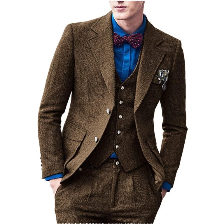 Ceehuteey Men’s 3 Pieces Suit Classic Bussiness Herringbone Tweed Peak Lapel Gent Tuxedos