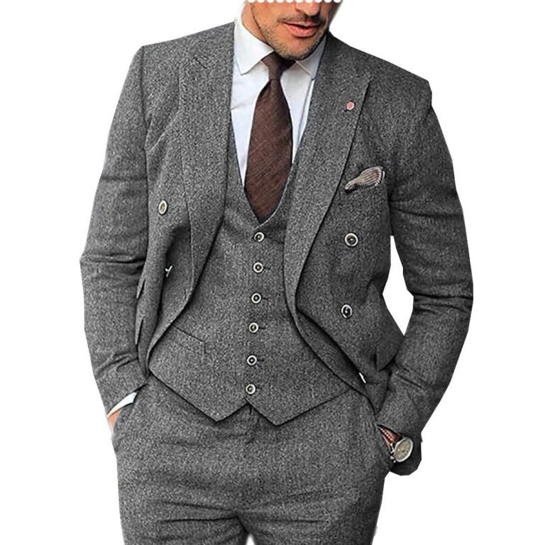 Ceehuteey Men’s 3 Pieces Suit Classic Herringbone Tweed Peak Lapel Gent Tuxedos