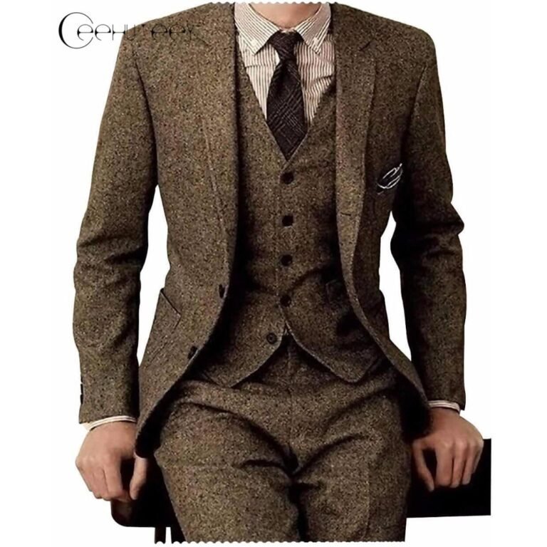 Ceehuteey Men’s 3 Pieces Suit Classic Tweed Notch Lapel Tuxedos Prom(Blazer+vest+Pants)