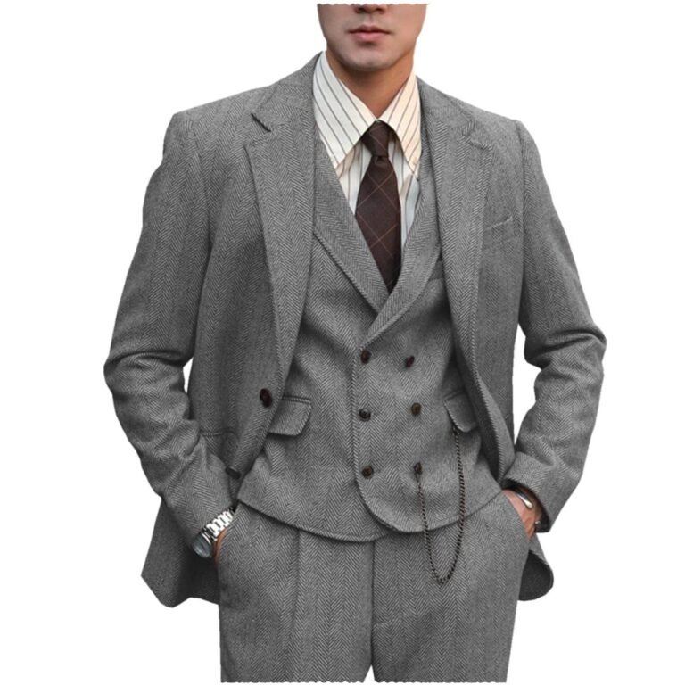Ceehuteey Men’s Classical Herringbone Suits 3 Piece Suits Regular Fit Wedding Groom Suits