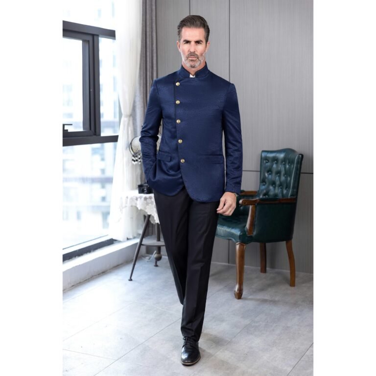 Ceehuteey Men’s Fashion Stand Collar Oblique buckle Suit Blazer – Navy / 42R