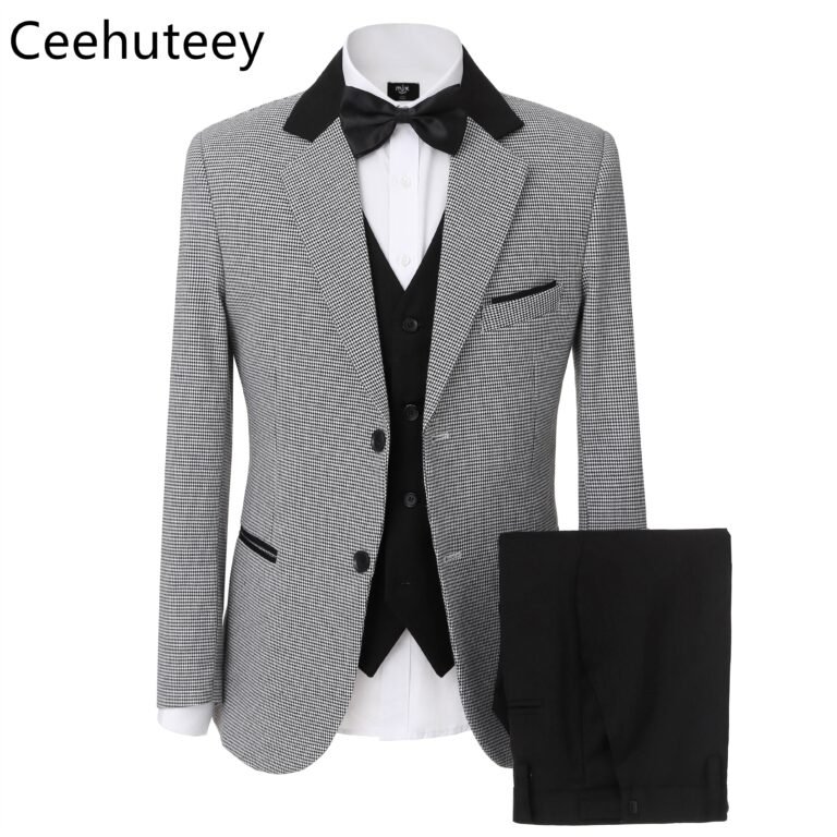 Ceehuteey Men’s Houndstooth Formal Notch Lapel for wedding party Tuxedos (Blazer + Vest