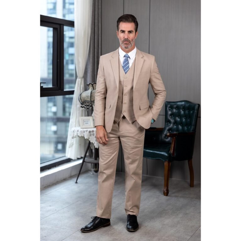 Ceehuteey Men’s Linen 3 Pieces Regular Fit Notch Lapel Mens Suit(Blazer+Vest+ Pant)