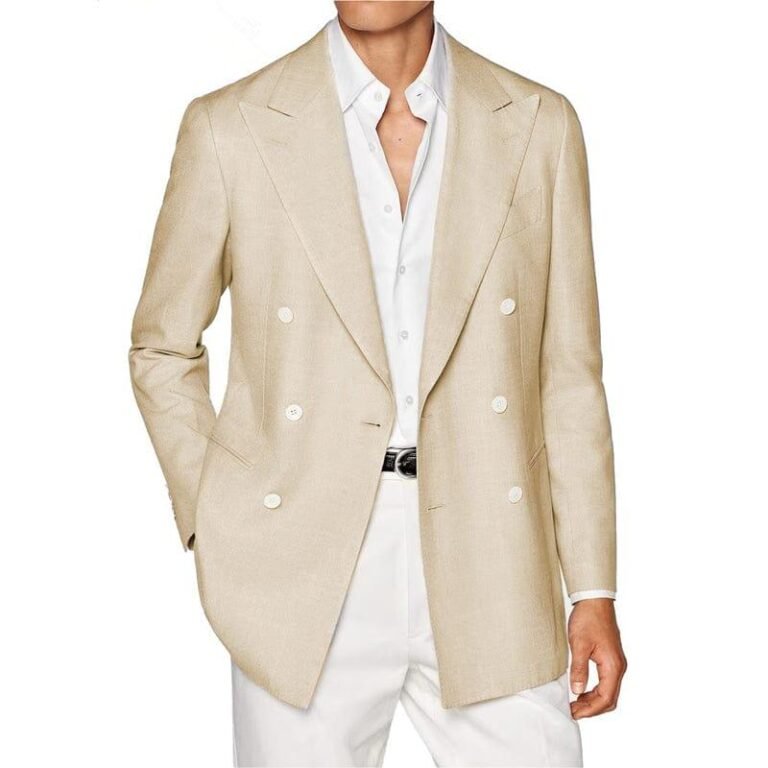 Ceehuteey Men’s Linen Fashion Notch Lapel Double Breasted Solid Blazer – 42R / Champagne