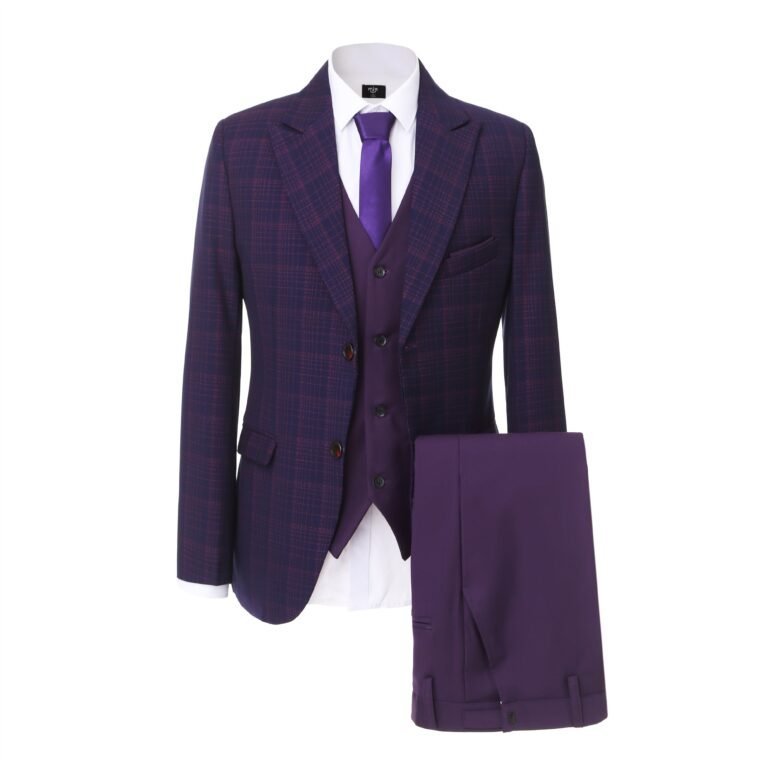 Ceehuteey Men’s Plaid Business 3 Pieces Tweed Peak lapel Suit (Blazer+vest+Pants) – Dark