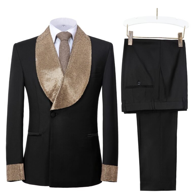 Ceehuteey Men’s sequined green collar splicing prom 2 Pieces suit(Blazer+Pants) – Black /