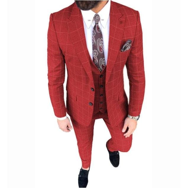 Ceehuteey Mens Suit 3 Pieces Formal Business Peak Lapel Plaid Solid Tuxedos Jacket for