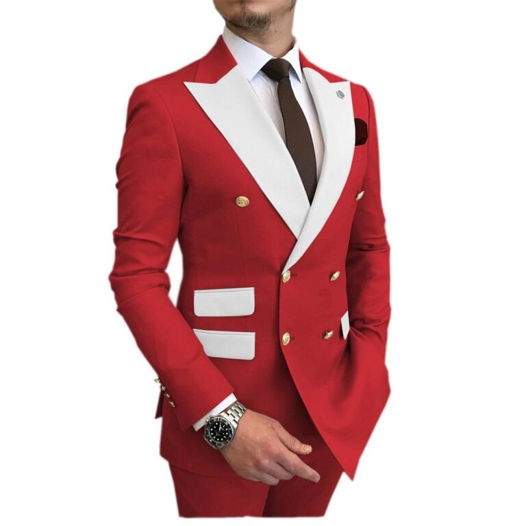 Ceehuteey Men’s Suit Casual Double Breasted 2 Piece Business Wedding (Blazer+Pants) – Red