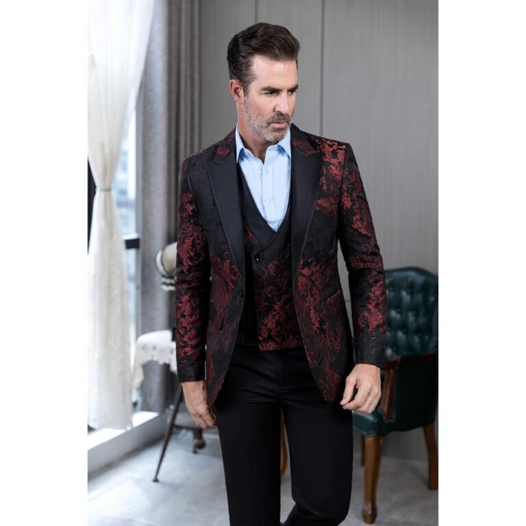 Ceehuteey Men’s Suit Double Breasted Patterned Peak lapel 3 Piece Business Tuxedos