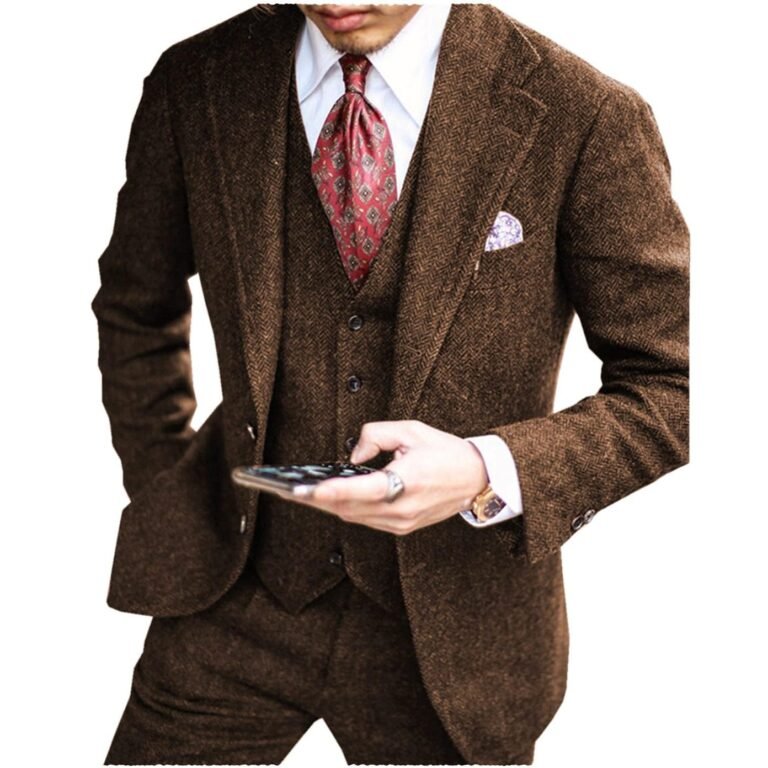 Ceehuteey Men’s tweed herringbone 3 piece suits formal regular fit wedding groom suits