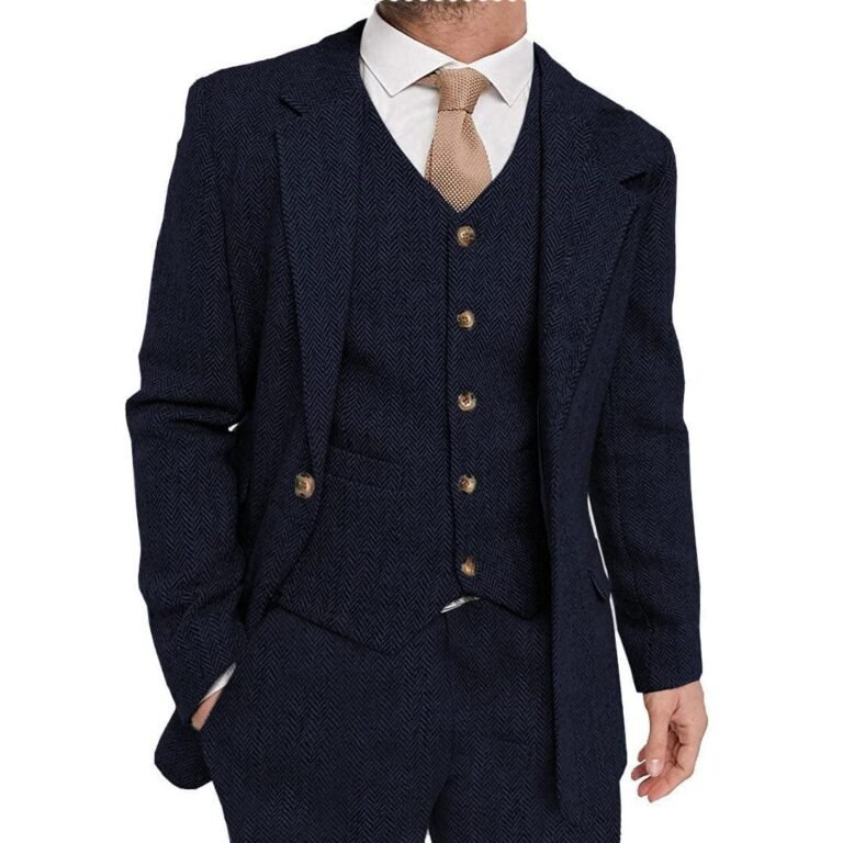 Ceehuteey Mens Tweed Herringbone Suits 3 Piece Suits Formal Regular Fit Wedding Groom
