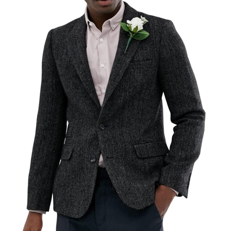 Ceehuteey Men’s Wool Herringbone Formal Notch Lapel Blazer – Black / 42R