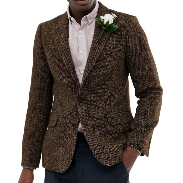 Ceehuteey Men’s Wool Herringbone Formal Notch Lapel Blazer – Brown / 42R
