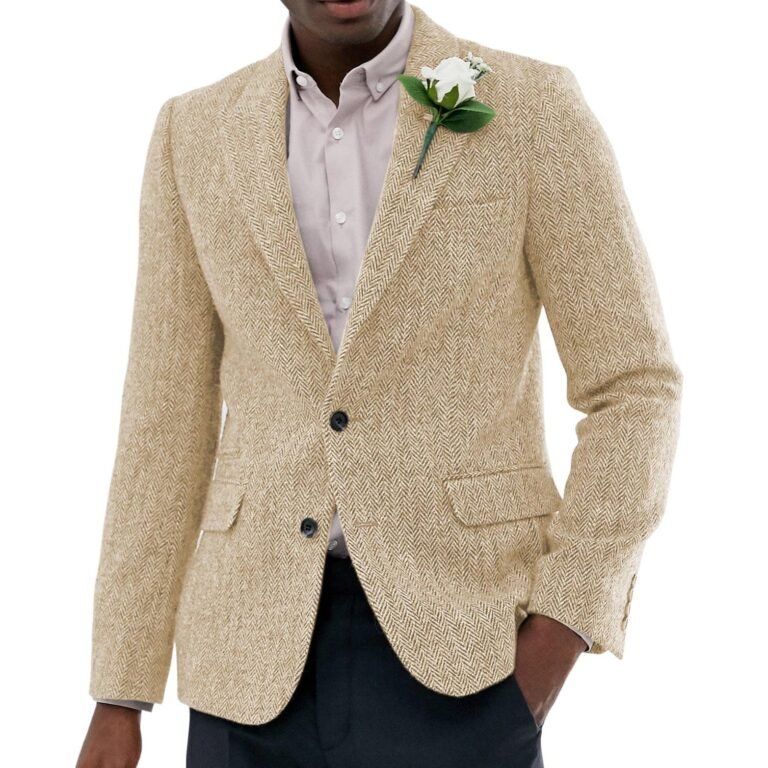 Ceehuteey Men’s Wool Herringbone Formal Notch Lapel Blazer – Champagne / 42R