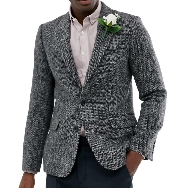 Ceehuteey Men’s Wool Herringbone Formal Notch Lapel Blazer – Grey / 42R