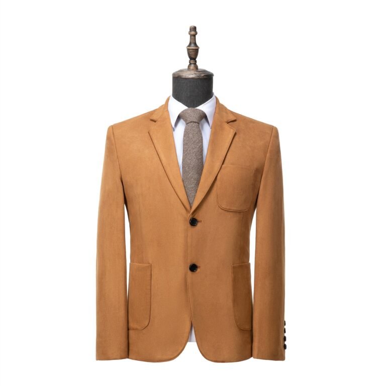 Ceehuteey Suede Men’s Fashion Notch Lapel Blazer Denim Jacket – Gold / 42R