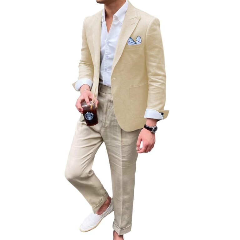 Ceehuteey Summer Linen Men’s Casual Peak lapel Suit for Blazer – Champagne / 42R