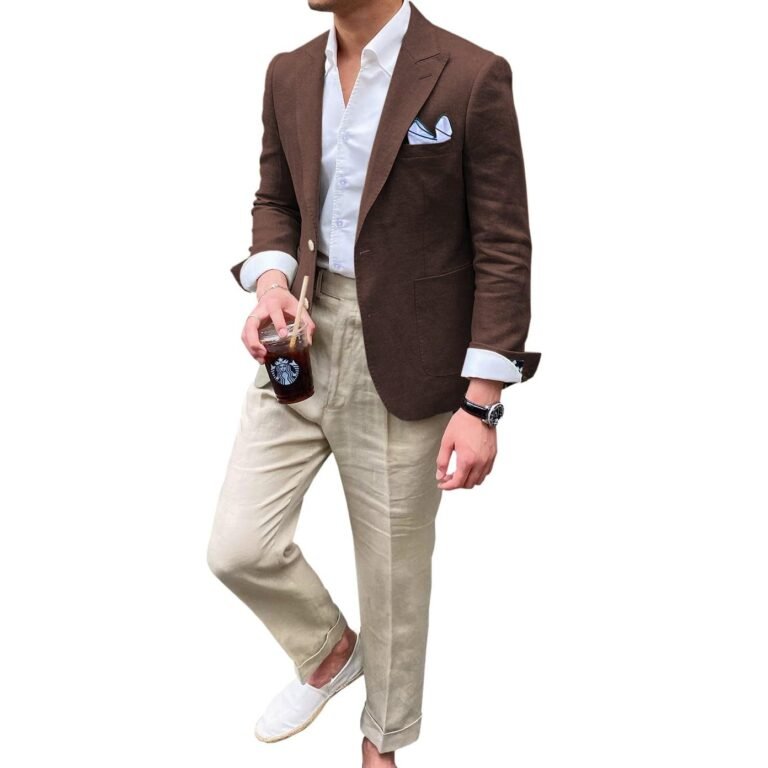 Ceehuteey Summer Linen Men’s Casual Peak lapel Suit for Blazer – Coffee / 42R