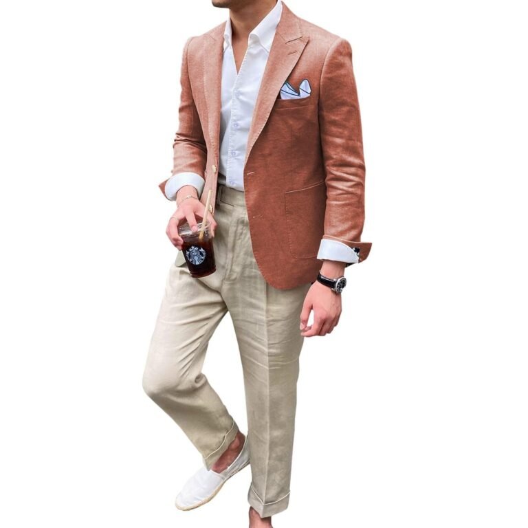 Ceehuteey Summer Linen Men’s Casual Peak lapel Suit for Blazer – Coral / 42R