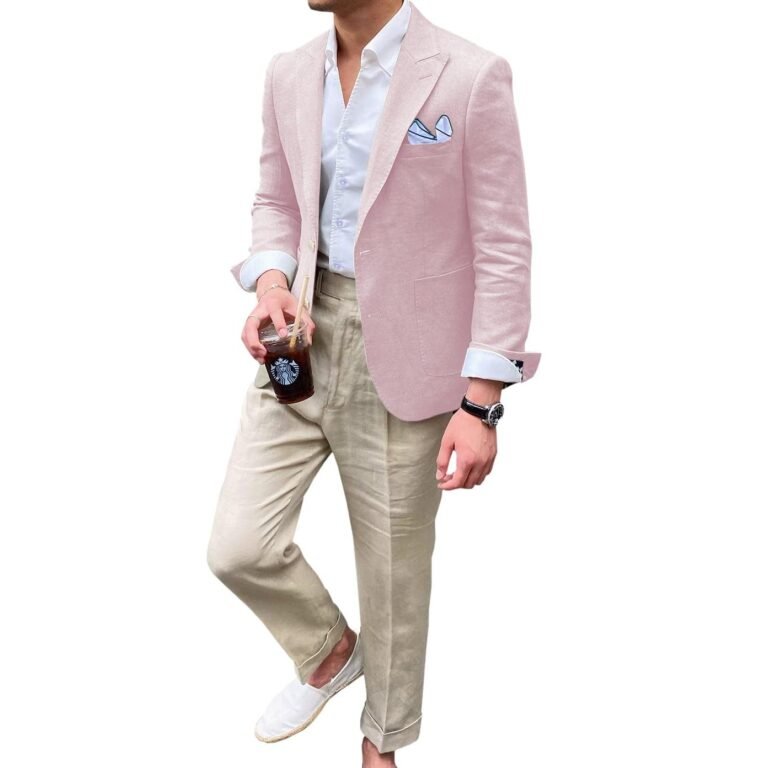 Ceehuteey Summer Linen Men’s Casual Peak lapel Suit for Blazer – Pink / 42R