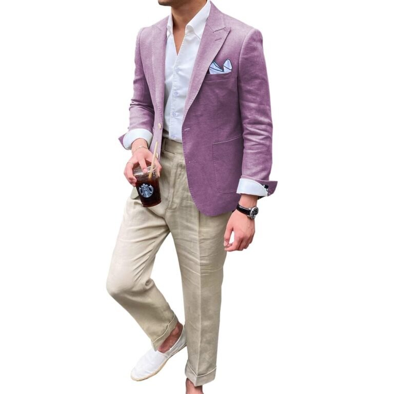 Ceehuteey Summer Linen Men’s Casual Peak lapel Suit for Blazer – Purple / 42R