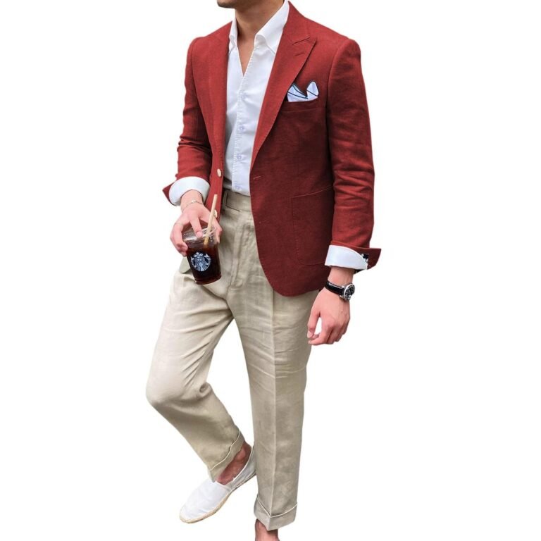 Ceehuteey Summer Linen Men’s Casual Peak lapel Suit for Blazer – Red / 42R