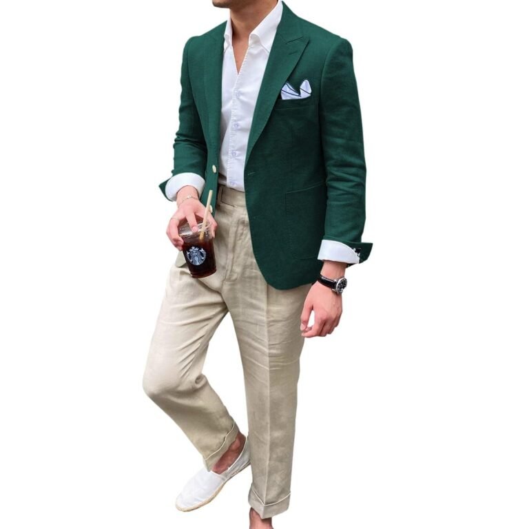 Ceehuteey Summer Linen Men’s Casual Peak lapel Suit for Blazer – Teal / 42R