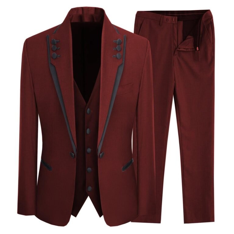 Ceehuteey Western Mens 3 Piece Suit Blazer Vest Pant for for wedding party – Burgundy /