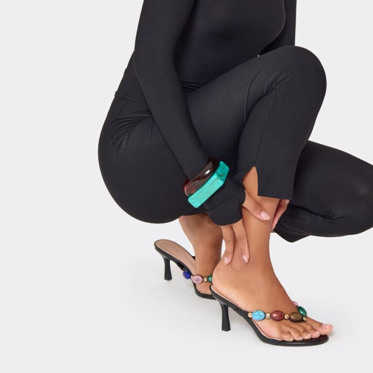 Aspen Gem Thong Strap Detail Heeled Mule In Black Faux Leather, Women’s Size US