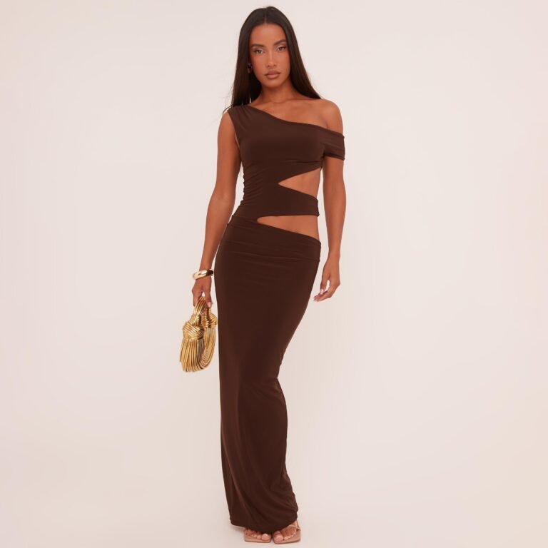 Asymmetric One Shoulder Cut Out Maxi Dress In Chocolate Brown Slinky, Women’s Size US 8