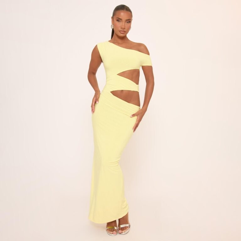 Asymmetric One Shoulder Cut Out Maxi Dress In Yellow Slinky, Women’s Size US 0