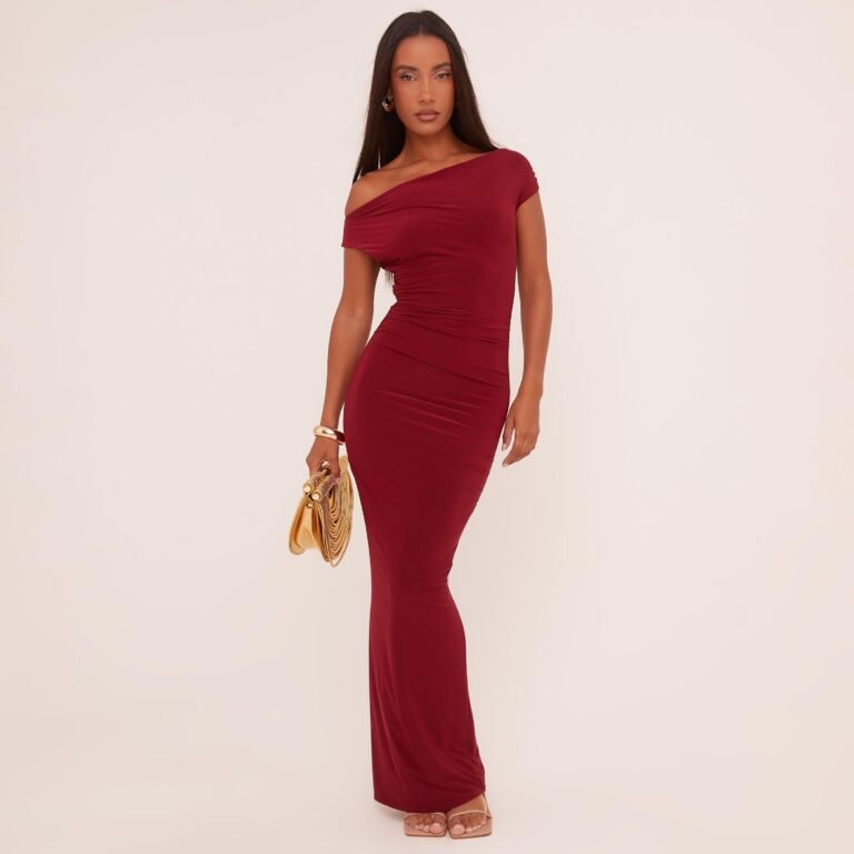 Asymmetric One Shoulder Ruched Detail Maxi Dress In Wine Slinky, Women’s Size US 0