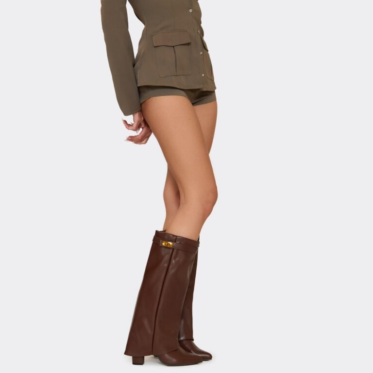 Ava Lock Detail Pointed Toe Knee High Block Heel Boot In Brown Faux Leather, Women’s Size