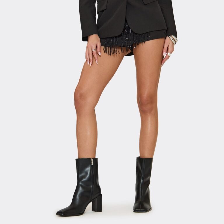Babs Pointed Toe Curved Block Heel Ankle Boot In Black Faux Leather, Women’s Size US
