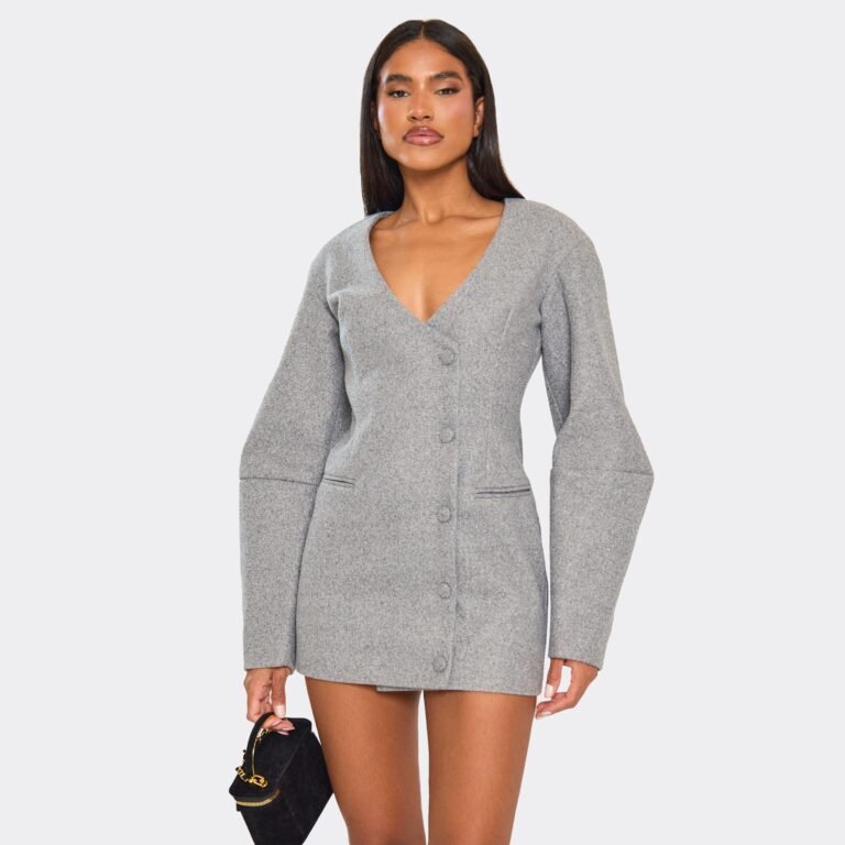 Balloon Sleeve Button Front Wool Look Blazer Dress In Grey, Women’s Size US 2