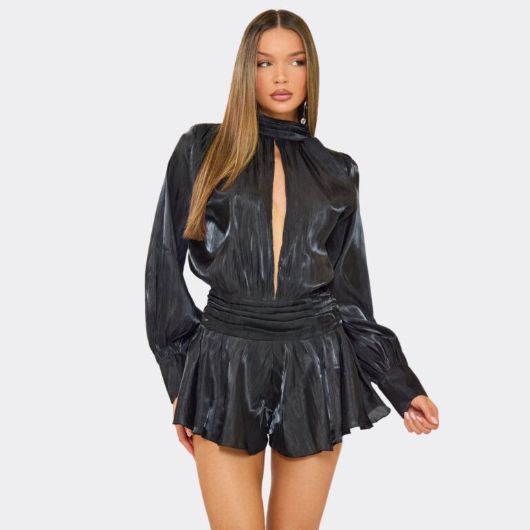 Balloon Sleeve Open Front Ruched Detail Playsuit In Black, Women’s Size US 2