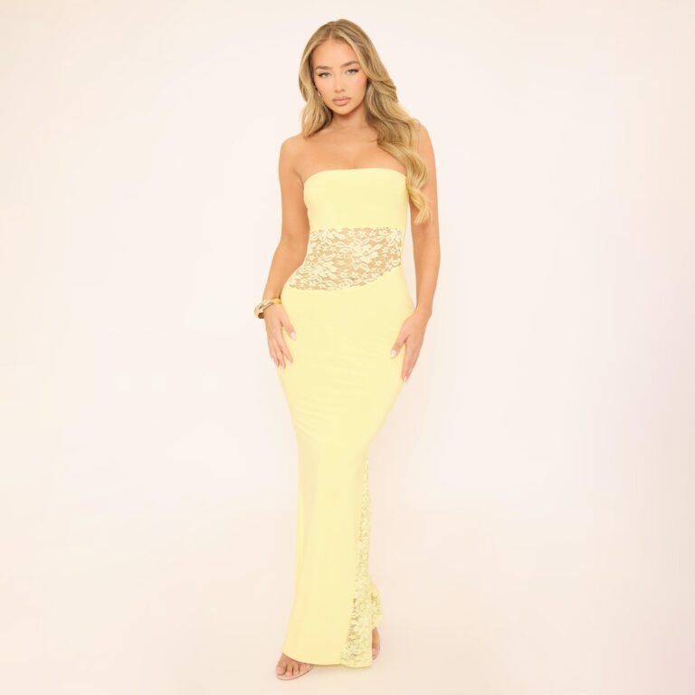 Bandeau Contrast Lace Cut Out Detail Maxi Dress In Yellow, Women’s Size US 2