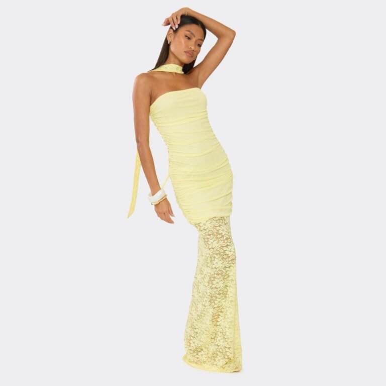 Bandeau Contrast Lace Maxi Dress With Scarf In Lemon, Women’s Size US 2