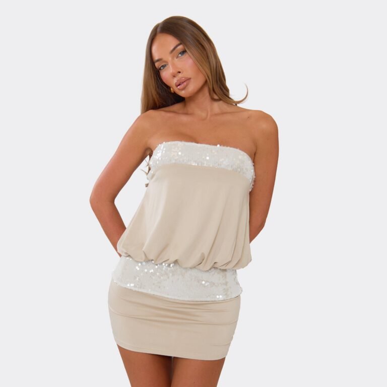 Bandeau Contrast Sequin Blouson Mini Dress In Stone., Women’s Size US 6