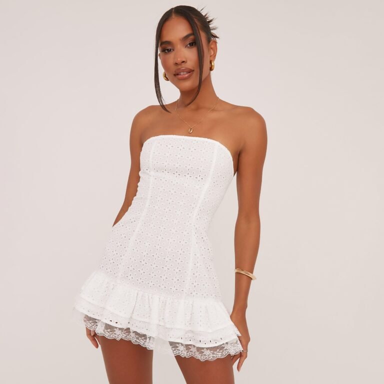 Bandeau Frill Hem Broderie Mini Dress In White, Women’s Size US 2