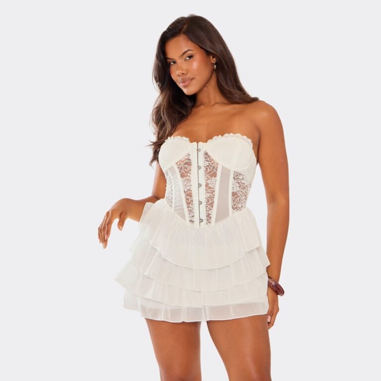 Bandeau Frill Hem Lace Corset Detail Mini Dress In White, Women’s Size US 4