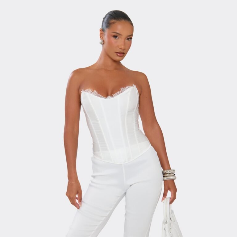 Bandeau Lace Trim Corset In White, Women’s Size US 2