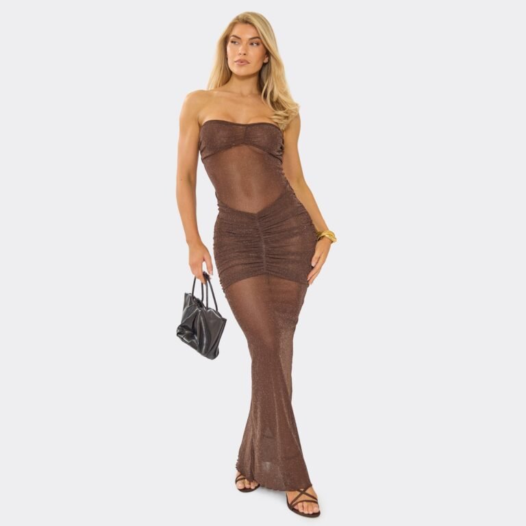 Bandeau Ruched Front Detail Maxi Dress In Brown Metallic Glitter, Women’s Size US 10