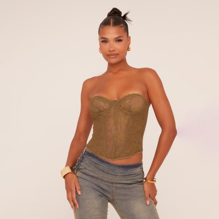Bandeau Structured Detail Corset Top In Khaki Lace, Women’s Size US 0
