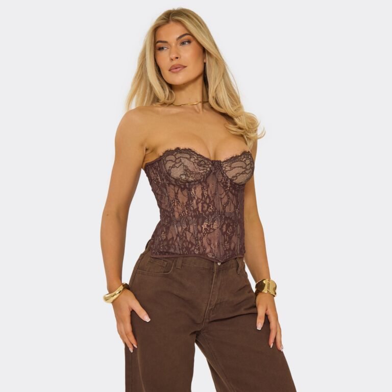Bandeau Structured Tie Back Detail Corset Top In Brown Lace, Women’s Size US 8